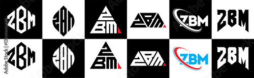 ZBM letter logo design in six style. ZBM polygon, circle, triangle, hexagon, flat and simple style with black and white color variation letter logo set in one artboard. ZBM minimalist and classic logo
