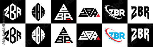 ZBR letter logo design in six style. ZBR polygon, circle, triangle, hexagon, flat and simple style with black and white color variation letter logo set in one artboard. ZBR minimalist and classic logo