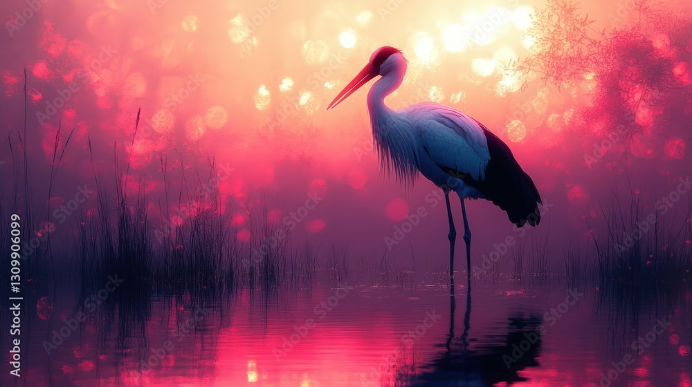 Fototapeta premium Majestic bird sunset serene water reflections