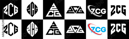 ZCG letter logo design in six style. ZCG polygon, circle, triangle, hexagon, flat and simple style with black and white color variation letter logo set in one artboard. ZCG minimalist and classic logo