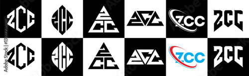 ZCC letter logo design in six style. ZCC polygon, circle, triangle, hexagon, flat and simple style with black and white color variation letter logo set in one artboard. ZCC minimalist and classic logo