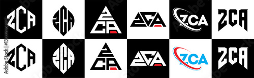 ZCA letter logo design in six style. ZCA polygon, circle, triangle, hexagon, flat and simple style with black and white color variation letter logo set in one artboard. ZCA minimalist and classic logo