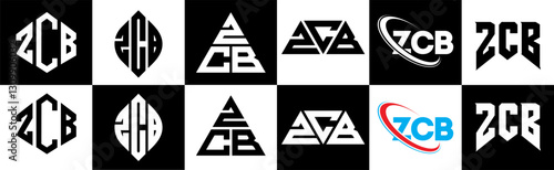 ZCB letter logo design in six style. ZCB polygon, circle, triangle, hexagon, flat and simple style with black and white color variation letter logo set in one artboard. ZCB minimalist and classic logo