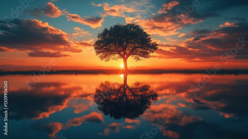 Serene sunset, lone tree reflects in still water.