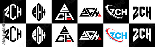 ZCH letter logo design in six style. ZCH polygon, circle, triangle, hexagon, flat and simple style with black and white color variation letter logo set in one artboard. ZCH minimalist and classic logo