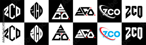 ZCO letter logo design in six style. ZCO polygon, circle, triangle, hexagon, flat and simple style with black and white color variation letter logo set in one artboard. ZCO minimalist and classic logo