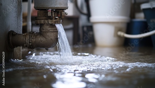 A sturdy pump with water flowing out of it, standing in the center of a rising flooded basement floor.