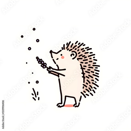 Smiling hedgehog engraving-style illustration,