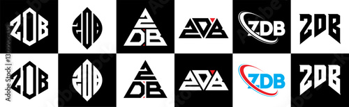 ZDA letter logo design in six style. ZDA polygon, circle, triangle, hexagon, flat and simple style with black and white color variation letter logo set in one artboard. ZDA minimalist and classic logo