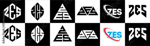 ZES letter logo design in six style. ZES polygon, circle, triangle, hexagon, flat and simple style with black and white color variation letter logo set in one artboard. ZES minimalist and classic logo