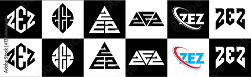 ZEZ letter logo design in six style. ZEZ polygon, circle, triangle, hexagon, flat and simple style with black and white color variation letter logo set in one artboard. ZEZ minimalist and classic logo