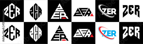 ZER letter logo design in six style. ZER polygon, circle, triangle, hexagon, flat and simple style with black and white color variation letter logo set in one artboard. ZER minimalist and classic logo