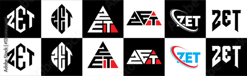 ZET letter logo design in six style. ZET polygon, circle, triangle, hexagon, flat and simple style with black and white color variation letter logo set in one artboard. ZET minimalist and classic logo
