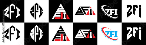 ZFI letter logo design in six style. ZFI polygon, circle, triangle, hexagon, flat and simple style with black and white color variation letter logo set in one artboard. ZFI minimalist and classic logo
