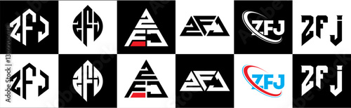 ZFJ letter logo design in six style. ZFJ polygon, circle, triangle, hexagon, flat and simple style with black and white color variation letter logo set in one artboard. ZFJ minimalist and classic logo