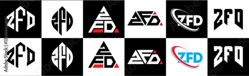 ZFD letter logo design in six style. ZFD polygon, circle, triangle, hexagon, flat and simple style with black and white color variation letter logo set in one artboard. ZFD minimalist and classic logo