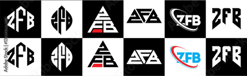 ZFB letter logo design in six style. ZFB polygon, circle, triangle, hexagon, flat and simple style with black and white color variation letter logo set in one artboard. ZFB minimalist and classic logo