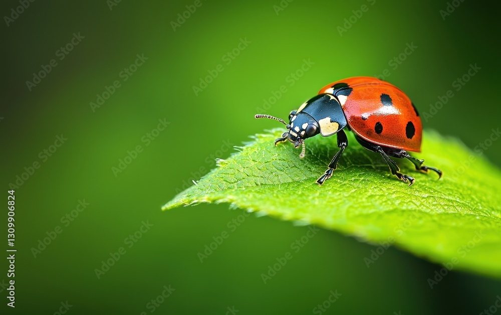 Naklejka premium Ladybug Resting On A Bright Green Leaf In Spring