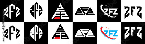 ZFZ letter logo design in six style. ZFZ polygon, circle, triangle, hexagon, flat and simple style with black and white color variation letter logo set in one artboard. ZFZ minimalist and classic logo
