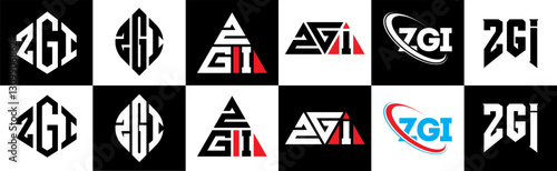 ZGI letter logo design in six style. ZGI polygon, circle, triangle, hexagon, flat and simple style with black and white color variation letter logo set in one artboard. ZGI minimalist and classic logo