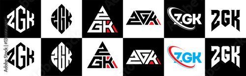 ZGK letter logo design in six style. ZGK polygon, circle, triangle, hexagon, flat and simple style with black and white color variation letter logo set in one artboard. ZGK minimalist and classic logo