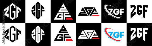 ZGF letter logo design in six style. ZGF polygon, circle, triangle, hexagon, flat and simple style with black and white color variation letter logo set in one artboard. ZGF minimalist and classic logo