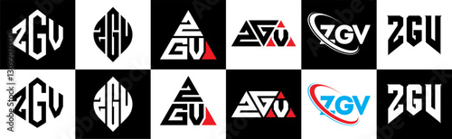 ZGV letter logo design in six style. ZGV polygon, circle, triangle, hexagon, flat and simple style with black and white color variation letter logo set in one artboard. ZGV minimalist and classic logo