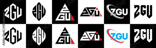 ZGU letter logo design in six style. ZGU polygon, circle, triangle, hexagon, flat and simple style with black and white color variation letter logo set in one artboard. ZGU minimalist and classic logo