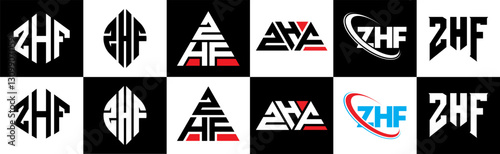 ZHF letter logo design in six style. ZHF polygon, circle, triangle, hexagon, flat and simple style with black and white color variation letter logo set in one artboard. ZHF minimalist and classic logo
