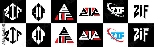 ZIF letter logo design in six style. ZIF polygon, circle, triangle, hexagon, flat and simple style with black and white color variation letter logo set in one artboard. ZIF minimalist and classic logo