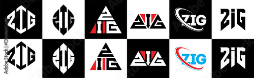ZIG letter logo design in six style. ZIG polygon, circle, triangle, hexagon, flat and simple style with black and white color variation letter logo set in one artboard. ZIG minimalist and classic logo