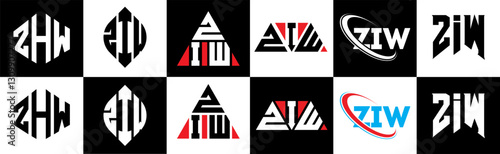 ZIW letter logo design in six style. ZIW polygon, circle, triangle, hexagon, flat and simple style with black and white color variation letter logo set in one artboard. ZIW minimalist and classic logo