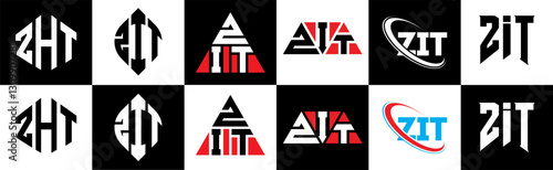 ZIT letter logo design in six style. ZIT polygon, circle, triangle, hexagon, flat and simple style with black and white color variation letter logo set in one artboard. ZIT minimalist and classic logo