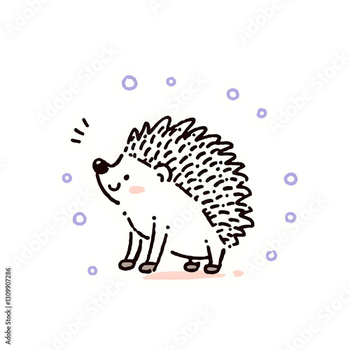 Happy hedgehog drawing, ornamental linework with natural motifs and delicate swirls