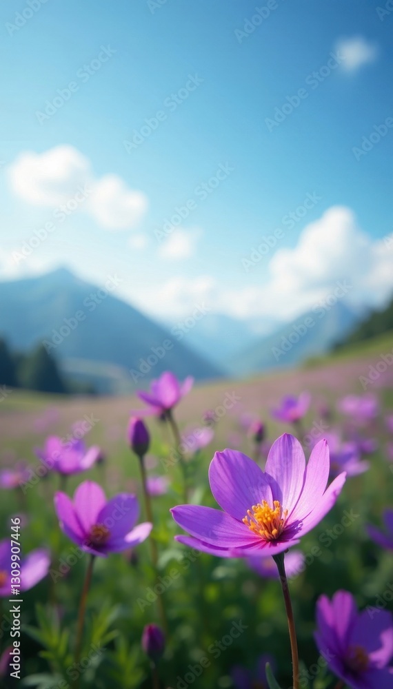 Obraz premium Purple flower field, solitary bloom foreground, focus, nature, landscape