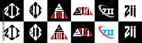 ZII letter logo design in six style. ZII polygon, circle, triangle, hexagon, flat and simple style with black and white color variation letter logo set in one artboard. ZII minimalist and classic logo