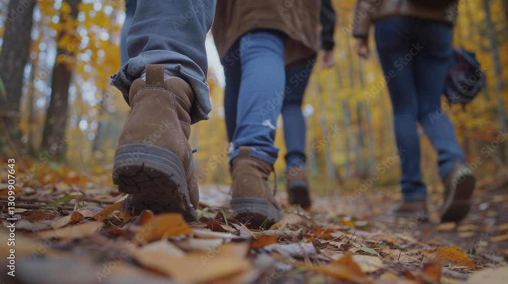 Group of tourists walks along the path of the autumn forest. Feet close-up. Traveling in a small group. Group of tourists walks along the path of the autumn forest. Feet close-up. Traveling in a small group.