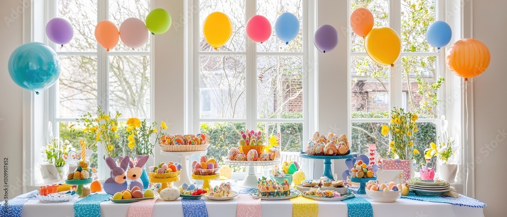 Obraz premium Bright and Joyful Easter Celebration with Colorful Decorations, Festive Treats, and Family Gatherings in a Lively Holiday Atmosphere