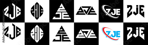ZJE letter logo design in six style. ZJE polygon, circle, triangle, hexagon, flat and simple style with black and white color variation letter logo set in one artboard. ZJE minimalist and classic logo
