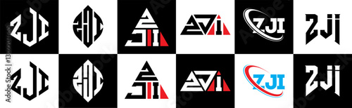 ZJI letter logo design in six style. ZJI polygon, circle, triangle, hexagon, flat and simple style with black and white color variation letter logo set in one artboard. ZJI minimalist and classic logo