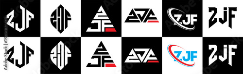 ZJF letter logo design in six style. ZJF polygon, circle, triangle, hexagon, flat and simple style with black and white color variation letter logo set in one artboard. ZJF minimalist and classic logo