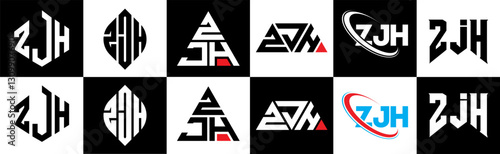 ZJH letter logo design in six style. ZJH polygon, circle, triangle, hexagon, flat and simple style with black and white color variation letter logo set in one artboard. ZJH minimalist and classic logo