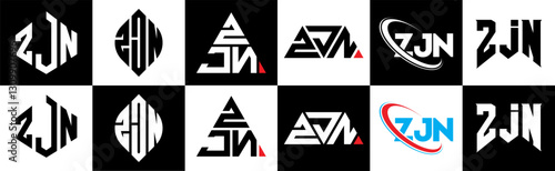 ZJN letter logo design in six style. ZJN polygon, circle, triangle, hexagon, flat and simple style with black and white color variation letter logo set in one artboard. ZJN minimalist and classic logo