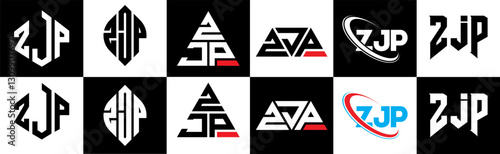 ZJP letter logo design in six style. ZJP polygon, circle, triangle, hexagon, flat and simple style with black and white color variation letter logo set in one artboard. ZJP minimalist and classic logo