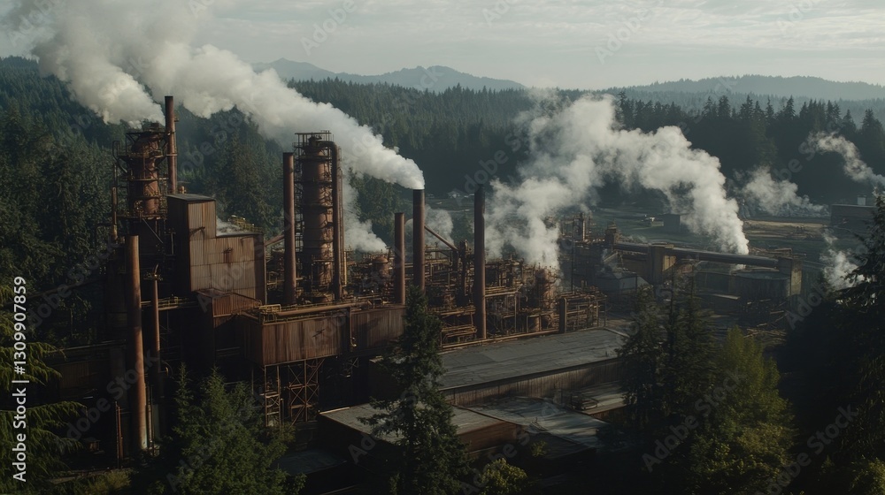 Fototapeta premium Industrial plant spewing smoke into the air, surrounded by forest