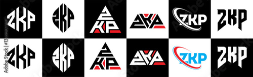 ZKP letter logo design in six style. ZKP polygon, circle, triangle, hexagon, flat and simple style with black and white color variation letter logo set in one artboard. ZKP minimalist and classic logo
