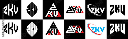 ZKV letter logo design in six style. ZKV polygon, circle, triangle, hexagon, flat and simple style with black and white color variation letter logo set in one artboard. ZKV minimalist and classic logo