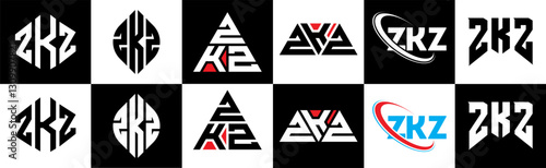 ZKZ letter logo design in six style. ZKZ polygon, circle, triangle, hexagon, flat and simple style with black and white color variation letter logo set in one artboard. ZKZ minimalist and classic logo