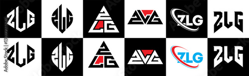 ZLG letter logo design in six style. ZLG polygon, circle, triangle, hexagon, flat and simple style with black and white color variation letter logo set in one artboard. ZLG minimalist and classic logo