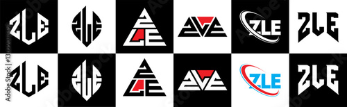 ZLE letter logo design in six style. ZLE polygon, circle, triangle, hexagon, flat and simple style with black and white color variation letter logo set in one artboard. ZLE minimalist and classic logo